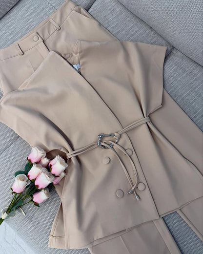 Solid Color Casual Button Vest & Pants Set