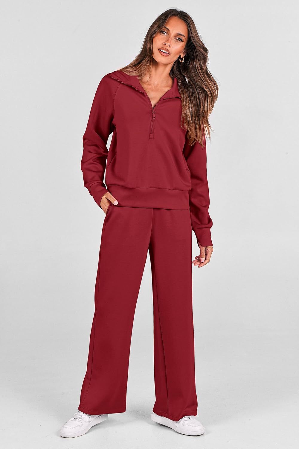 Women's Outfits Casual Lapel Half Zip Sweatshirts And Wide Leg Pants Tracksuit Sets