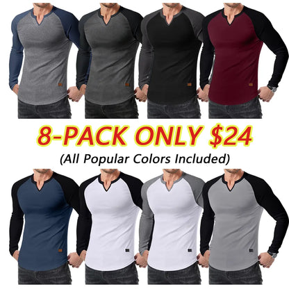 Mens Long Sleeve Muscle T Shirts Casual V-Neck Longline Ribbed Tee Shirts