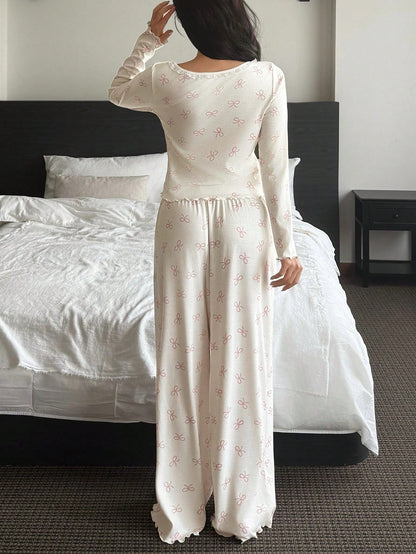 Women's Bow Print Long-Sleeve Lounge Pajama Set