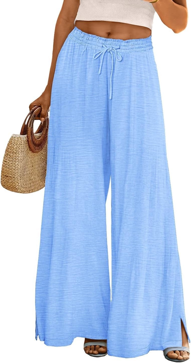 Women Summer Flowy Wide Leg Pants Drawstring Elastic Waist Casual Lounge Beach Palazzo Trouser with Pockets