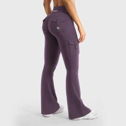 Women's Workout Flare Leggings with Pockets Hidden Scrunch High Waisted Cargo Gym Yoga No Front Seam Leggings Flared Joggers Fitness Outfit Camouflage Sports Pants