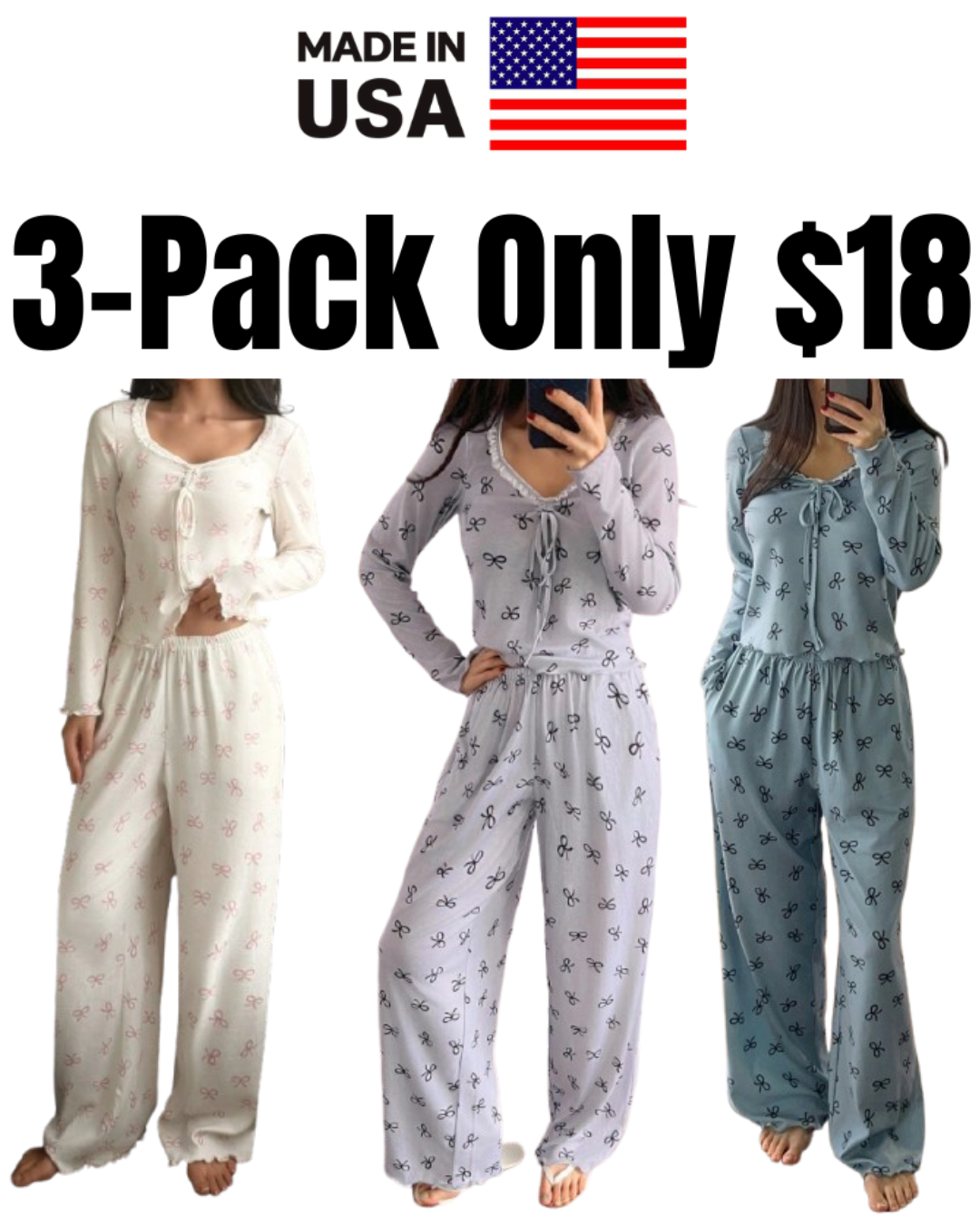 Women's Bow Print Long-Sleeve Lounge Pajama Set