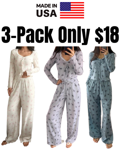 Women's Bow Print Long-Sleeve Lounge Pajama Set