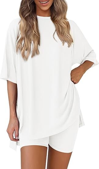 🔥Women's Two Piece Lounge Set Summer Casual Oversized Shirts Biker Shorts Matching Airport Travel Outfit