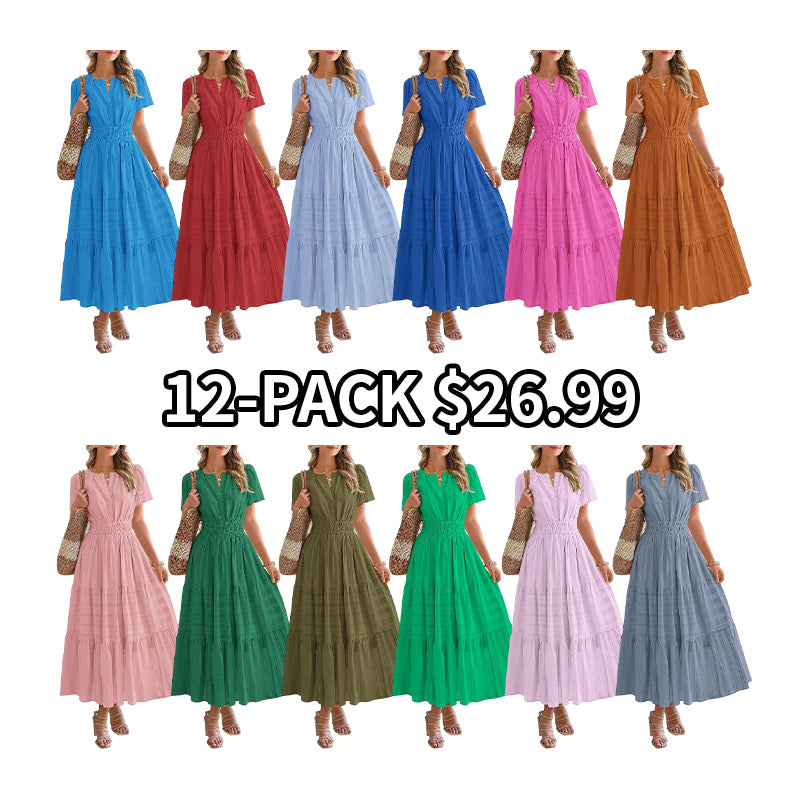 Women's Summer 2026 Casual Maxi Dress Lightweight Short Sleeve V Neck Boho Dress with Pockets