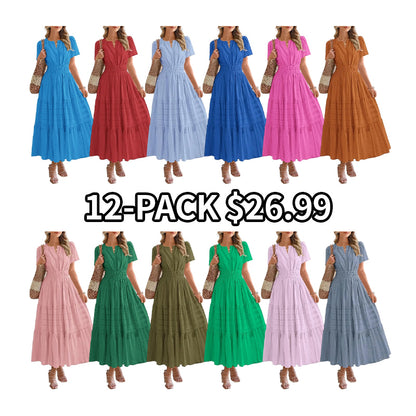 Women's Summer 2026 Casual Maxi Dress Lightweight Short Sleeve V Neck Boho Dress with Pockets
