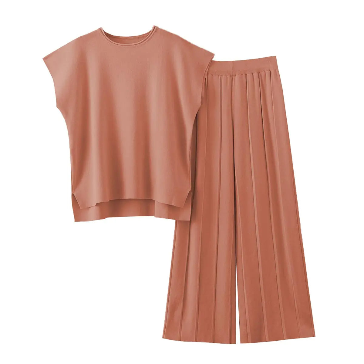 Women Two Piece Outfits Knit Cap Sleeve Tops Wide Leg Pleated Pants