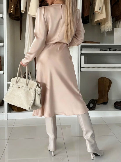 Silky Satin Long-Sleeved V-Neck And Skirt Suit