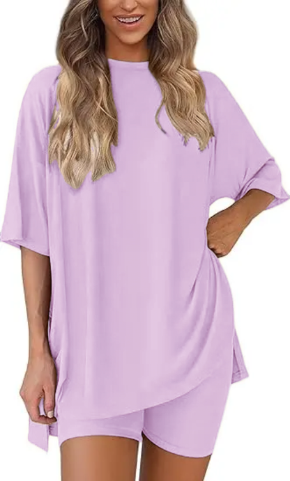 🔥Women's Two Piece Lounge Set Summer Casual Oversized Shirts Biker Shorts Matching Airport Travel Outfit
