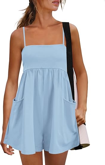 Women's Summer Strappy Romper Square Casual Oversized Workout Athletic Romper Neck Backless
