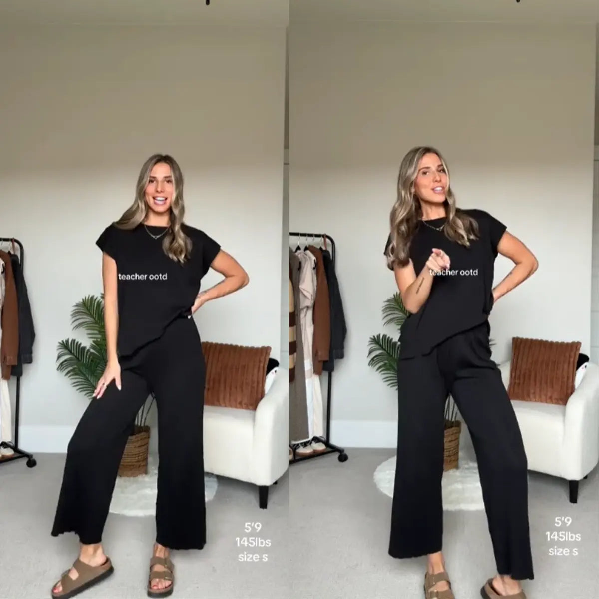 Women Two Piece Outfits Knit Cap Sleeve Tops Wide Leg Pleated Pants