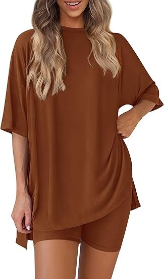 🔥Women's Two Piece Lounge Set Summer Casual Oversized Shirts Biker Shorts Matching Airport Travel Outfit