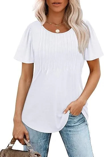 Women's T Shirts Short Sleeve Pleated Dressy Casual Scooped Neck Summer Tops Blouses