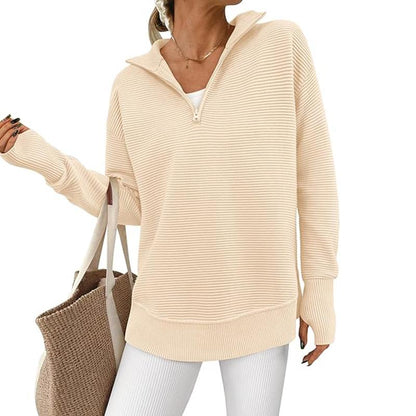 Women's Long Sleeve Quarter Zip Pullover Sweater Casual Loose V Neck Collared Ribbed Knit Jumper Tops Thumb Hole Cozy Ribbed Knit Soft Warm Trendy Colors for Every Season