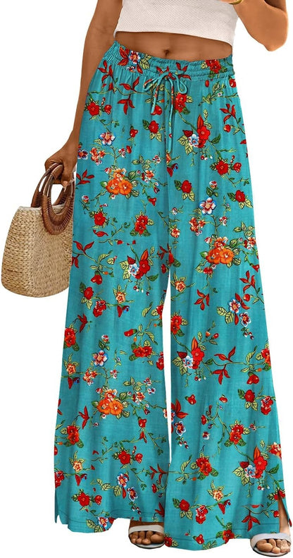 Women Summer Flowy Wide Leg Pants Drawstring Elastic Waist Casual Lounge Beach Palazzo Trouser with Pockets