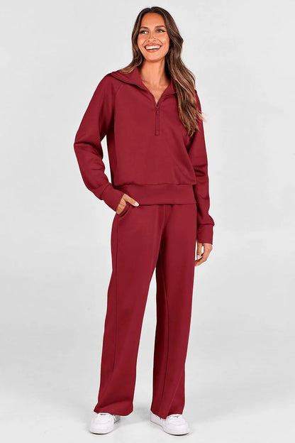 Women's 2 Piece Outfits Casual Lapel Half Zip Sweatshirts And Wide Leg Pants Tracksuit Sets