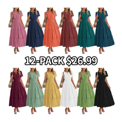 Women's Summer 2026 Casual Maxi Dress Lightweight Short Sleeve V Neck Boho Dress with Pockets