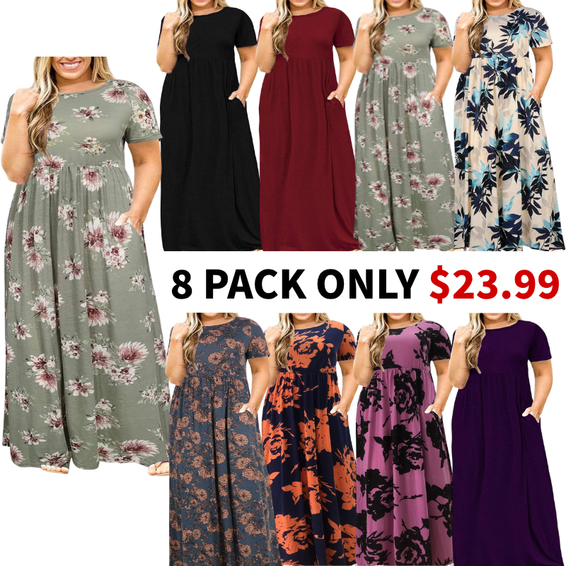 Women Summer Casual Loose Short Sleeve Long Beach Dress with Pocket
