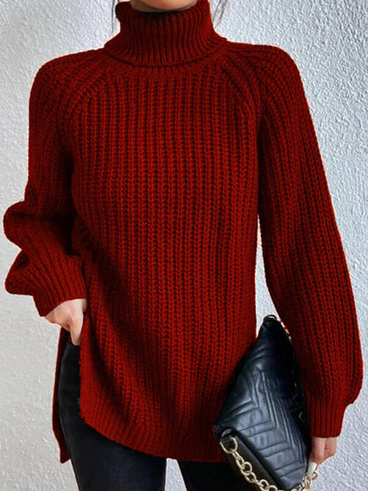💥Last day only $37.99📢 Long Sleeves Loose Solid Color Split-Side High Neck Pullovers Sweater Tops