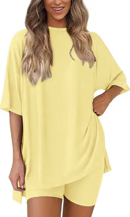 🔥Women's Two Piece Lounge Set Summer Casual Oversized Shirts Biker Shorts Matching Airport Travel Outfit