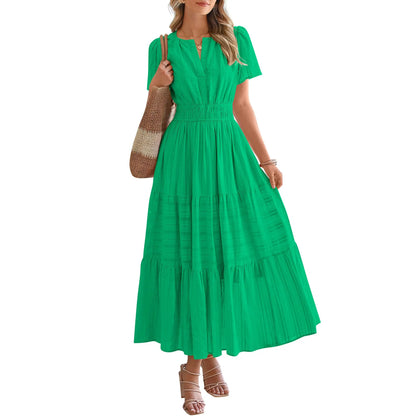Women's Summer 2026 Casual Maxi Dress Lightweight Short Sleeve V Neck Boho Dress with Pockets