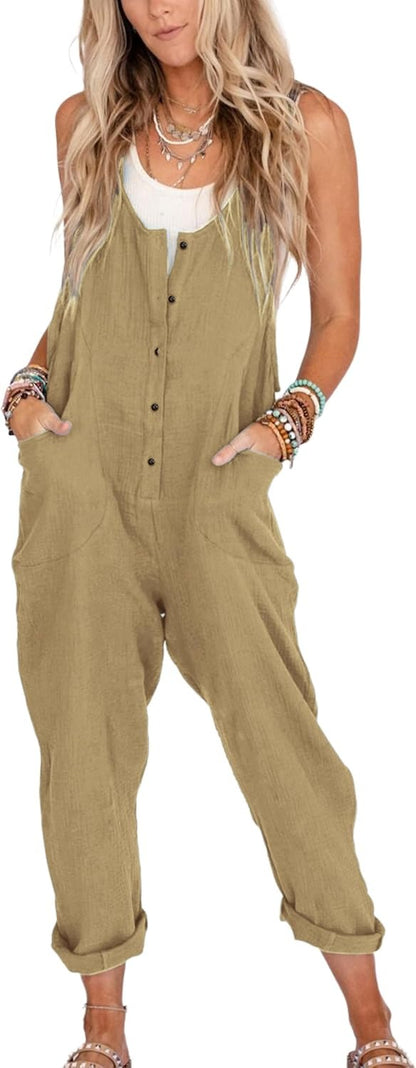 Womens Overalls Cotton Linen Loose Jumpsuits