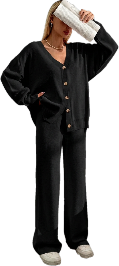 ⏰Final 2-Hour Clearance⚡ Women’s Button Front V-Neck Cardigan & Elastic Waist Wide-Leg Pants Set – Casual Cozy Knit Two-Piece Outfit for Fall & Winter