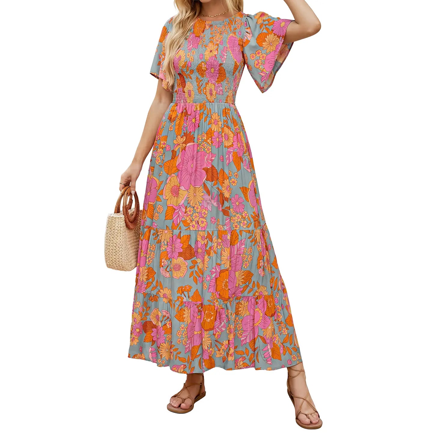 Floral Print Short Flutter Sleeve Crew Neck High Waist Flowy Maxi Dress