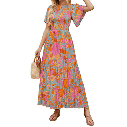 Floral Print Short Flutter Sleeve Crew Neck High Waist Flowy Maxi Dress