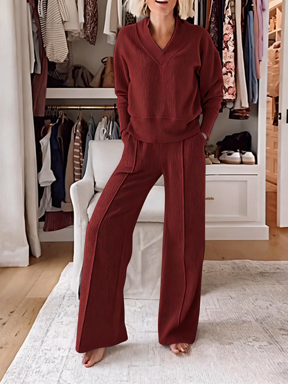 Solid Color Casual Large V-Neck Top & Pants Set