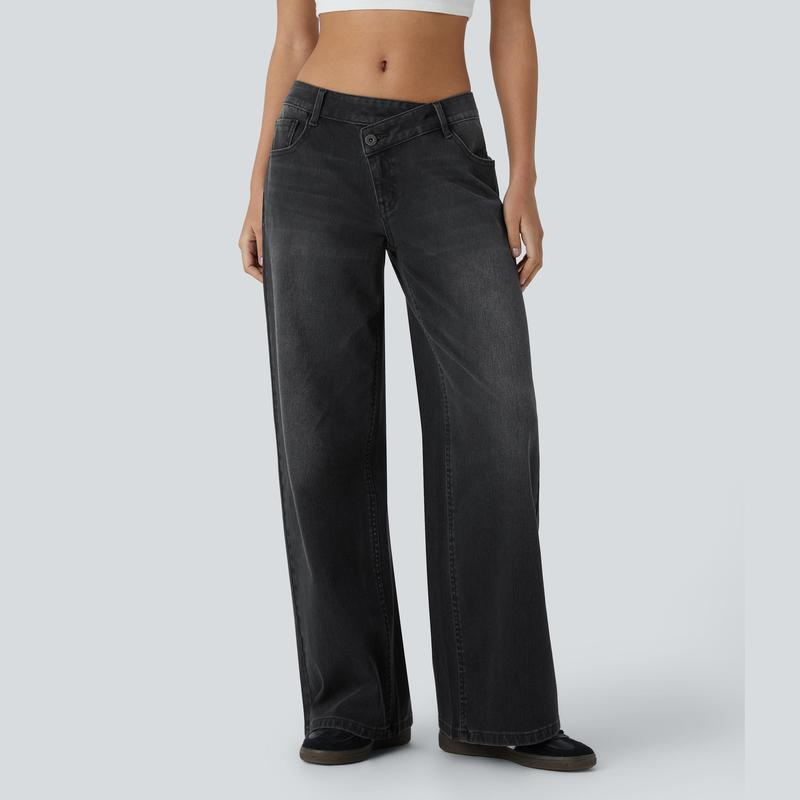 💘 Valentine’s Day Sale 💘 Flex Low-Rise Asymmetric Baggy Wide-Leg Washed Jeans with Zipper Pockets