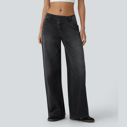 💘 Valentine’s Day Sale 💘 Flex Low-Rise Asymmetric Baggy Wide-Leg Washed Jeans with Zipper Pockets