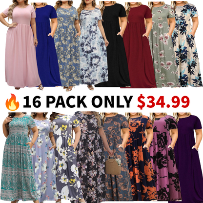Women Summer Casual Loose Short Sleeve Long Beach Dress with Pocket