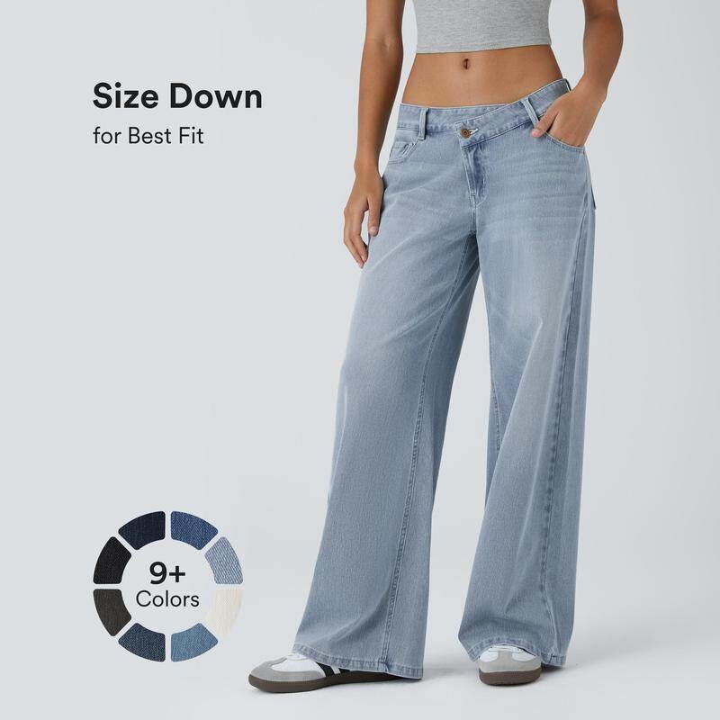 💘 Valentine’s Day Sale 💘 Flex Low-Rise Asymmetric Baggy Wide-Leg Washed Jeans with Zipper Pockets