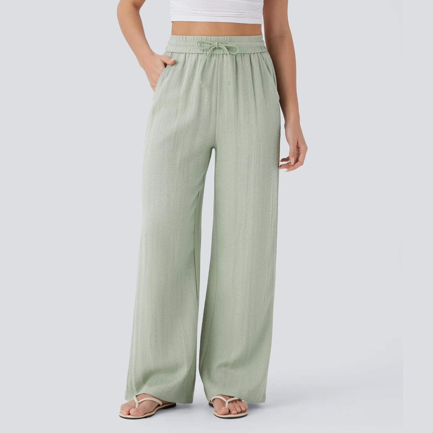 High-Waisted Drawstring Wide-Leg Linen-Feel Pants with Pockets