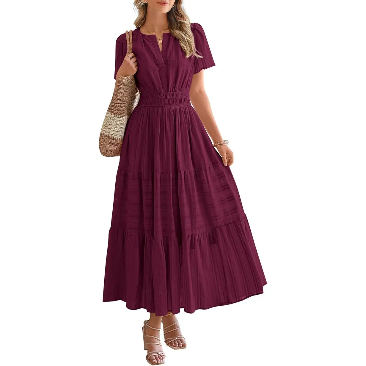 Women's Summer 2026 Casual Maxi Dress Lightweight Short Sleeve V Neck Boho Dress with Pockets