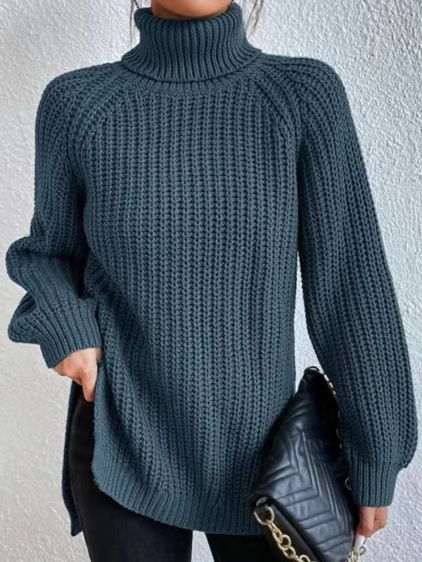 💥Last day only $37.99📢 Long Sleeves Loose Solid Color Split-Side High Neck Pullovers Sweater Tops