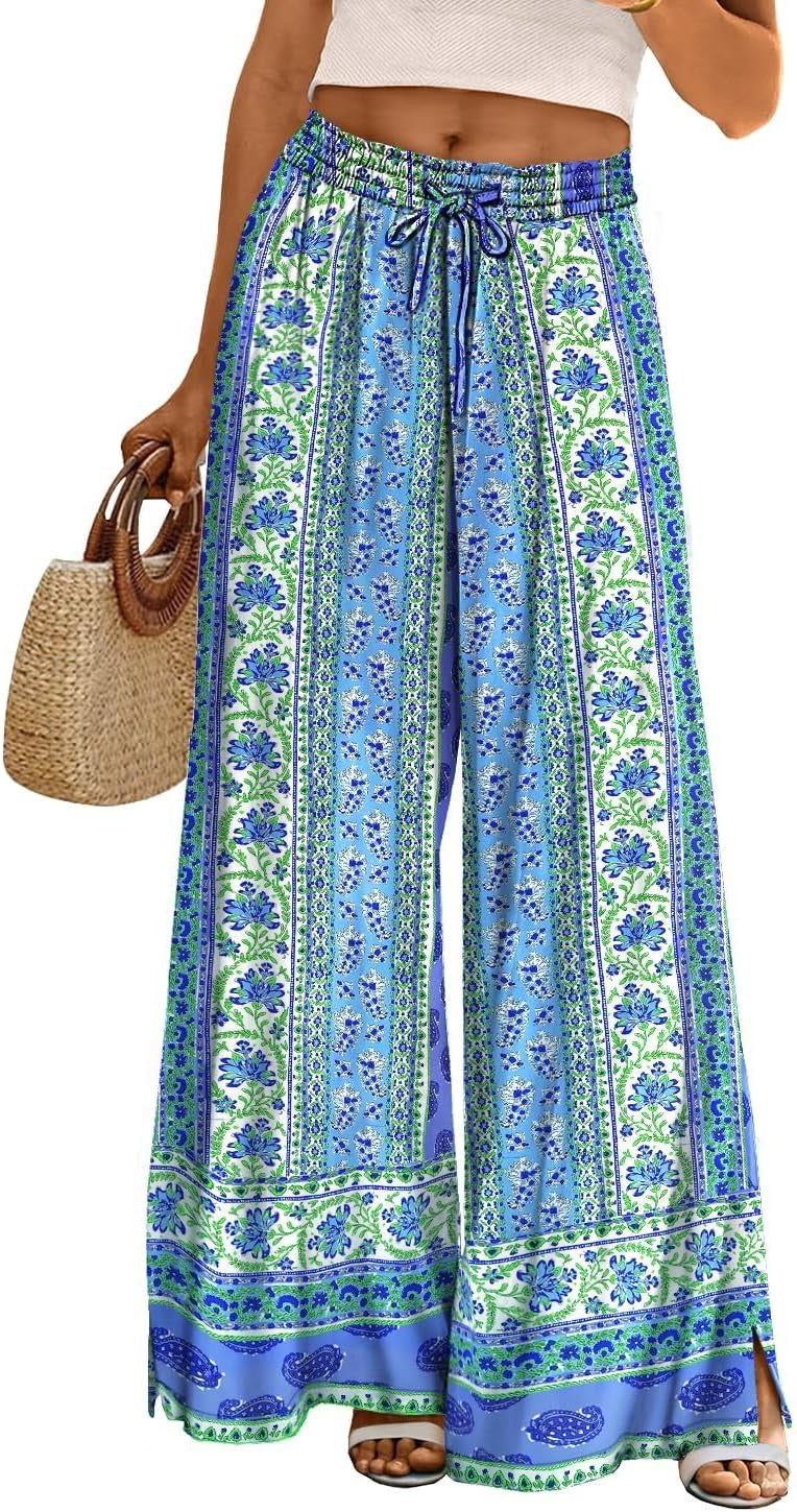 Women Summer Flowy Wide Leg Pants Drawstring Elastic Waist Casual Lounge Beach Palazzo Trouser with Pockets