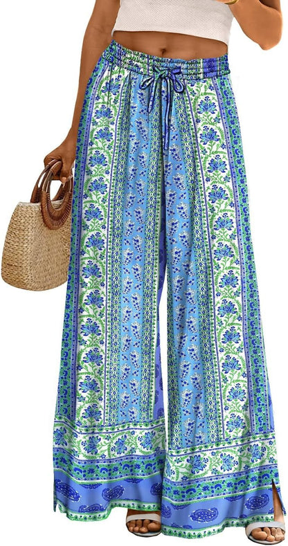 Women Summer Flowy Wide Leg Pants Drawstring Elastic Waist Casual Lounge Beach Palazzo Trouser with Pockets