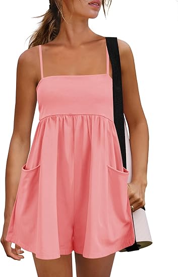 Women's Summer Strappy Romper Square Casual Oversized Workout Athletic Romper Neck Backless