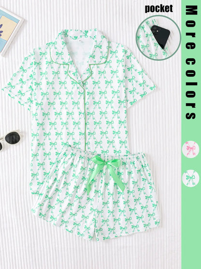 Women's Bow Full-Print Design Two-Piece Sleepwear Set