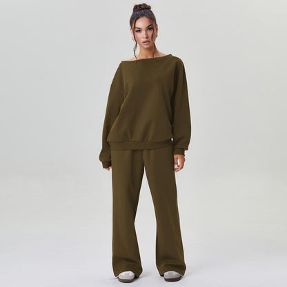 💘 Valentine’s Day Sale 💘Women's casual solid-color scoop-neck long-sleeved top and wide-leg pants set, comfortable curved-neck loose two-piece clothing set