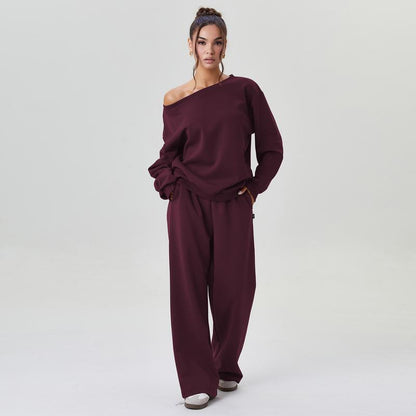 💘 Valentine’s Day Sale 💘Women's casual solid-color scoop-neck long-sleeved top and wide-leg pants set, comfortable curved-neck loose two-piece clothing set