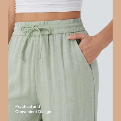 High-Waisted Drawstring Wide-Leg Linen-Feel Pants with Pockets