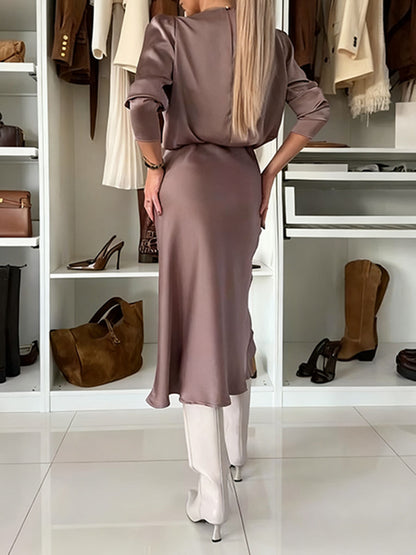 Silky Satin Long-Sleeved V-Neck And Skirt Suit