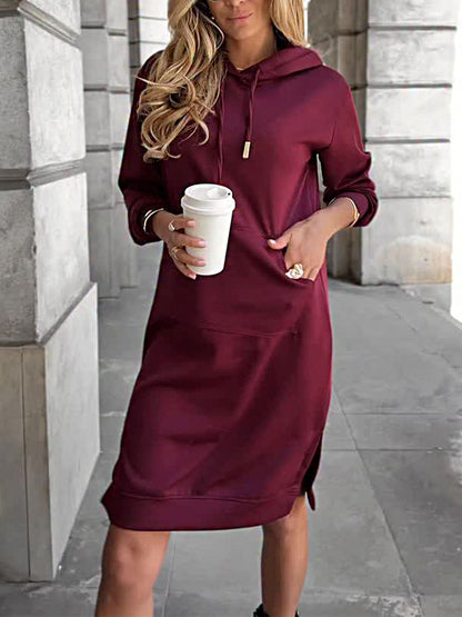 Solid Color Knitted Sweatshirt Hoodie Shift Dress