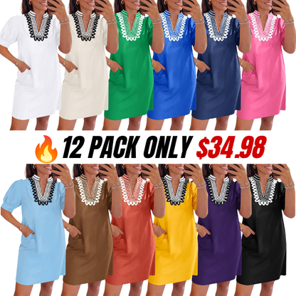 Womens Summer V Neck Shift Dresses Puff Short Sleeve Casual Dress