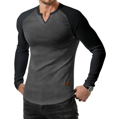 Mens Long Sleeve Muscle T Shirts Casual V-Neck Longline Ribbed Tee Shirts