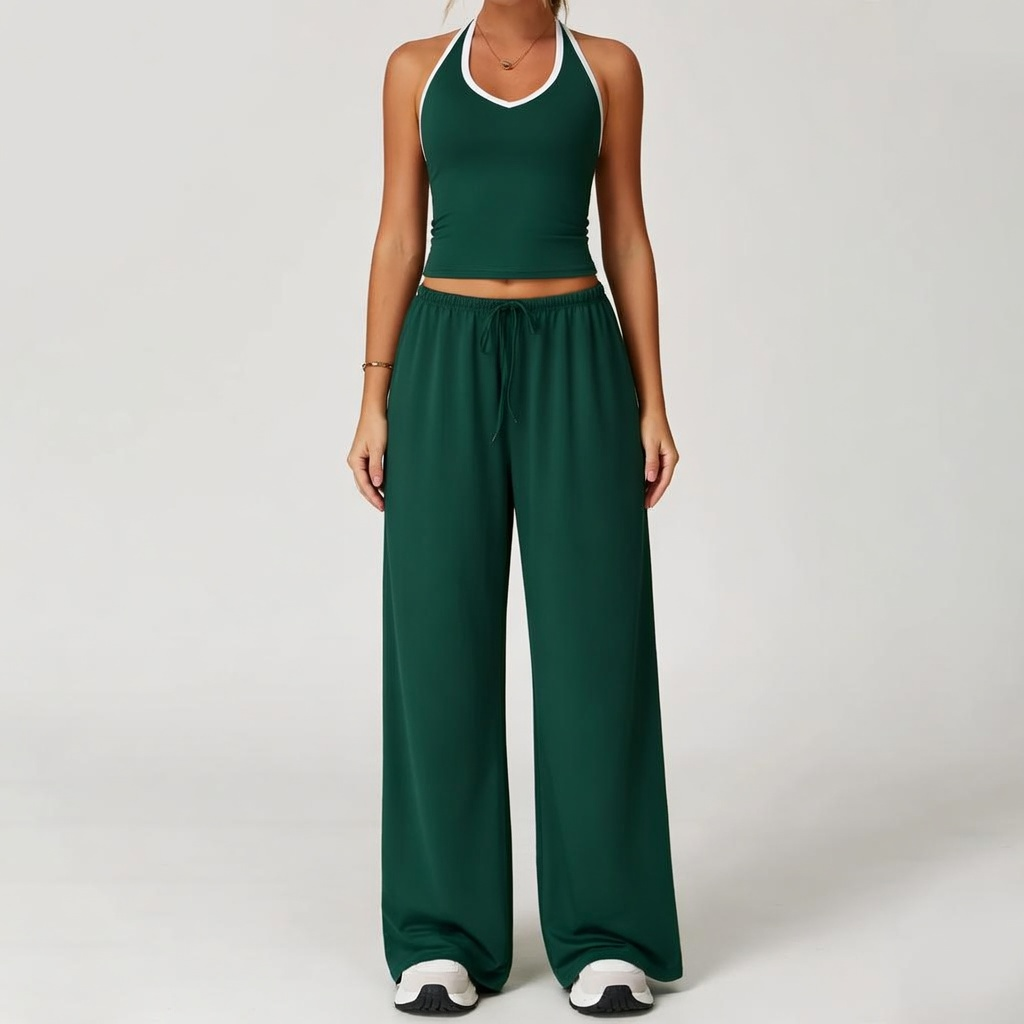 Women's Quick-Drying Athleisure Outfits - Adjustable V-Neck Strappy Top & Wide Leg Pants